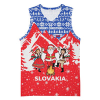 Slovakia Christmas Basketball Jersey with Santa and Dancers by Campfire Snowy Mountains and Red Blue Snowflake Pattern Design - Wonder Print Shop
