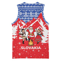 Slovakia Christmas Basketball Jersey with Santa and Dancers by Campfire Snowy Mountains and Red Blue Snowflake Pattern Design - Wonder Print Shop
