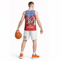 Slovakia Christmas Basketball Jersey with Santa and Dancers by Campfire Snowy Mountains and Red Blue Snowflake Pattern Design - Wonder Print Shop
