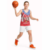 Slovakia Christmas Basketball Jersey with Santa and Dancers by Campfire Snowy Mountains and Red Blue Snowflake Pattern Design - Wonder Print Shop