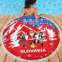 Slovakia Christmas Beach Blanket with Santa and Dancers by Campfire Snowy Mountains and Red Blue Snowflake Pattern Design - Wonder Print Shop