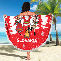Slovakia Christmas Beach Blanket with Santa and Dancers by Campfire Snowy Mountains and Red Blue Snowflake Pattern Design - Wonder Print Shop