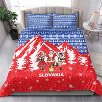 Slovakia Christmas Bedding Set with Santa and Dancers by Campfire Snowy Mountains and Red Blue Snowflake Pattern Design - Wonder Print Shop