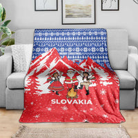 Slovakia Christmas Blanket with Santa and Dancers by Campfire Snowy Mountains and Red Blue Snowflake Pattern Design - Wonder Print Shop