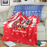 Slovakia Christmas Blanket with Santa and Dancers by Campfire Snowy Mountains and Red Blue Snowflake Pattern Design - Wonder Print Shop