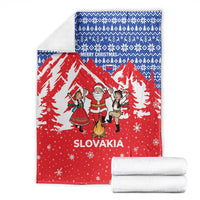 Slovakia Christmas Blanket with Santa and Dancers by Campfire Snowy Mountains and Red Blue Snowflake Pattern Design - Wonder Print Shop