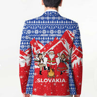 Slovakia Christmas Blazer with Santa and Dancers by Campfire Snowy Mountains and Red Blue Snowflake Pattern Design - Wonder Print Shop