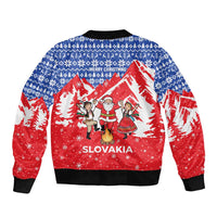 Slovakia Christmas Bomber Jacket with Santa and Dancers by Campfire Snowy Mountains and Red Blue Snowflake Pattern Design - Wonder Print Shop