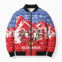 Slovakia Christmas Bomber Puffer Jacket with Santa and Dancers by Campfire Snowy Mountains and Red Blue Snowflake Pattern Design - Wonder Print Shop