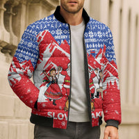 Slovakia Christmas Bomber Puffer Jacket with Santa and Dancers by Campfire Snowy Mountains and Red Blue Snowflake Pattern Design - Wonder Print Shop