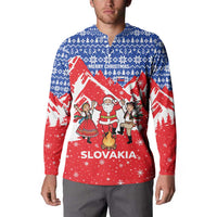 Slovakia Christmas Button Sweatshirt with Santa and Dancers by Campfire Snowy Mountains and Red Blue Snowflake Pattern Design - Wonder Print Shop