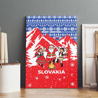 Slovakia Christmas Canvas Wall Art with Santa and Dancers by Campfire Snowy Mountains and Red Blue Snowflake Pattern Design - Wonder Print Shop