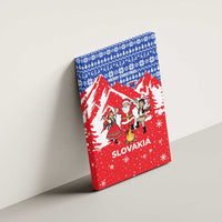 Slovakia Christmas Canvas Wall Art with Santa and Dancers by Campfire Snowy Mountains and Red Blue Snowflake Pattern Design - Wonder Print Shop