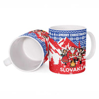 Slovakia Christmas Ceramic Mug with Santa and Dancers by Campfire Snowy Mountains and Red Blue Snowflake Pattern Design - Wonder Print Shop