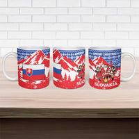 Slovakia Christmas Ceramic Mug with Santa and Dancers by Campfire Snowy Mountains and Red Blue Snowflake Pattern Design - Wonder Print Shop