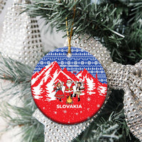 Slovakia Christmas Ceramic Ornament with Santa and Dancers by Campfire Snowy Mountains and Red Blue Snowflake Pattern Design - Wonder Print Shop