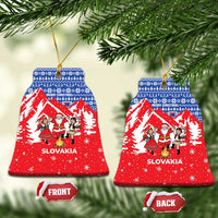 Slovakia Christmas Ceramic Ornament with Santa and Dancers by Campfire Snowy Mountains and Red Blue Snowflake Pattern Design - Wonder Print Shop