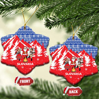 Slovakia Christmas Ceramic Ornament with Santa and Dancers by Campfire Snowy Mountains and Red Blue Snowflake Pattern Design - Wonder Print Shop