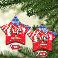 Slovakia Christmas Ceramic Ornament with Santa and Dancers by Campfire Snowy Mountains and Red Blue Snowflake Pattern Design - Wonder Print Shop