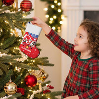 Slovakia Christmas Stocking with Santa and Dancers by Campfire Snowy Mountains and Red Blue Snowflake Pattern Design - Wonder Print Shop