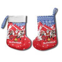 Slovakia Christmas Stocking with Santa and Dancers by Campfire Snowy Mountains and Red Blue Snowflake Pattern Design - Wonder Print Shop
