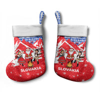 Slovakia Christmas Stocking with Santa and Dancers by Campfire Snowy Mountains and Red Blue Snowflake Pattern Design - Wonder Print Shop