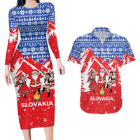 Slovakia Christmas Couples Matching Long Sleeve Bodycon Dress and Hawaiian Shirt with Santa and Dancers by Campfire Snowy Mountains and Red Blue Snowflake Pattern Design - Wonder Print Shop