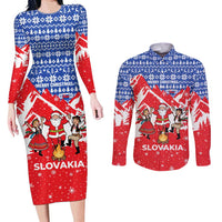 Slovakia Christmas Couples Matching Long Sleeve Bodycon Dress and Long Sleeve Button Shirt with Santa and Dancers by Campfire Snowy Mountains and Red Blue Snowflake Pattern Design - Wonder Print Shop