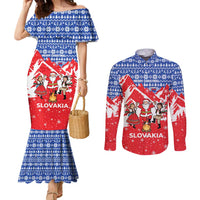 Slovakia Christmas Couples Matching Mermaid Dress and Long Sleeve Button Shirt with Santa and Dancers by Campfire Snowy Mountains and Red Blue Snowflake Pattern Design - Wonder Print Shop