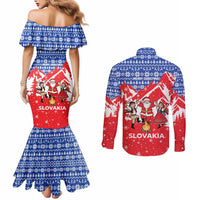 Slovakia Christmas Couples Matching Mermaid Dress and Long Sleeve Button Shirt with Santa and Dancers by Campfire Snowy Mountains and Red Blue Snowflake Pattern Design - Wonder Print Shop