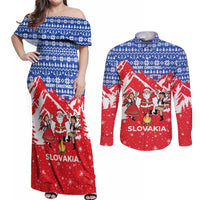 Slovakia Christmas Couples Matching Off Shoulder Maxi Dress and Long Sleeve Button Shirt with Santa and Dancers by Campfire Snowy Mountains and Red Blue Snowflake Pattern Design - Wonder Print Shop