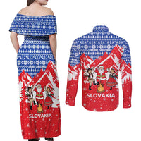Slovakia Christmas Couples Matching Off Shoulder Maxi Dress and Long Sleeve Button Shirt with Santa and Dancers by Campfire Snowy Mountains and Red Blue Snowflake Pattern Design - Wonder Print Shop