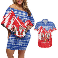 Slovakia Christmas Couples Matching Off Shoulder Short Dress and Hawaiian Shirt with Santa and Dancers by Campfire Snowy Mountains and Red Blue Snowflake Pattern Design - Wonder Print Shop