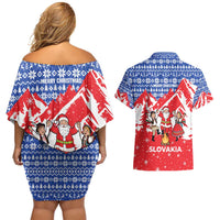 Slovakia Christmas Couples Matching Off Shoulder Short Dress and Hawaiian Shirt with Santa and Dancers by Campfire Snowy Mountains and Red Blue Snowflake Pattern Design - Wonder Print Shop