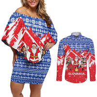 Slovakia Christmas Couples Matching Off Shoulder Short Dress and Long Sleeve Button Shirt with Santa and Dancers by Campfire Snowy Mountains and Red Blue Snowflake Pattern Design - Wonder Print Shop