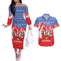 Slovakia Christmas Couples Matching Off The Shoulder Long Sleeve Dress and Hawaiian Shirt with Santa and Dancers by Campfire Snowy Mountains and Red Blue Snowflake Pattern Design - Wonder Print Shop