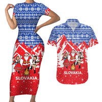 Slovakia Christmas Couples Matching Short Sleeve Bodycon Dress and Hawaiian Shirt with Santa and Dancers by Campfire Snowy Mountains and Red Blue Snowflake Pattern Design - Wonder Print Shop