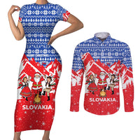 Slovakia Christmas Couples Matching Short Sleeve Bodycon Dress and Long Sleeve Button Shirt with Santa and Dancers by Campfire Snowy Mountains and Red Blue Snowflake Pattern Design - Wonder Print Shop
