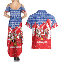 Slovakia Christmas Couples Matching Summer Maxi Dress and Hawaiian Shirt with Santa and Dancers by Campfire Snowy Mountains and Red Blue Snowflake Pattern Design - Wonder Print Shop