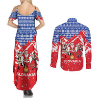 Slovakia Christmas Couples Matching Summer Maxi Dress and Long Sleeve Button Shirt with Santa and Dancers by Campfire Snowy Mountains and Red Blue Snowflake Pattern Design - Wonder Print Shop