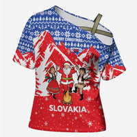 Slovakia Christmas Cross Shoulder Shirt with Santa and Dancers by Campfire Snowy Mountains and Red Blue Snowflake Pattern Design - Wonder Print Shop