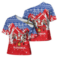 Slovakia Christmas Cross Shoulder Shirt with Santa and Dancers by Campfire Snowy Mountains and Red Blue Snowflake Pattern Design - Wonder Print Shop