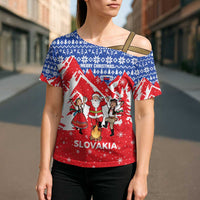 Slovakia Christmas Cross Shoulder Shirt with Santa and Dancers by Campfire Snowy Mountains and Red Blue Snowflake Pattern Design - Wonder Print Shop