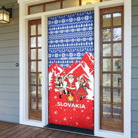 Slovakia Christmas Door Cover with Santa and Dancers by Campfire Snowy Mountains and Red Blue Snowflake Pattern Design - Wonder Print Shop