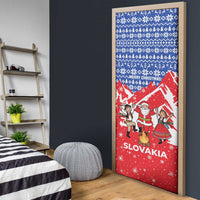 Slovakia Christmas Door Cover with Santa and Dancers by Campfire Snowy Mountains and Red Blue Snowflake Pattern Design - Wonder Print Shop