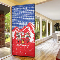 Slovakia Christmas Door Cover with Santa and Dancers by Campfire Snowy Mountains and Red Blue Snowflake Pattern Design - Wonder Print Shop