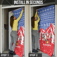 Slovakia Christmas Door Cover with Santa and Dancers by Campfire Snowy Mountains and Red Blue Snowflake Pattern Design - Wonder Print Shop