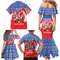 Slovakia Christmas Family Matching Mermaid Dress and Hawaiian Shirt with Santa and Dancers by Campfire Snowy Mountains and Red Blue Snowflake Pattern Design - Wonder Print Shop