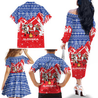 Slovakia Christmas Family Matching Off The Shoulder Long Sleeve Dress and Hawaiian Shirt with Santa and Dancers by Campfire Snowy Mountains and Red Blue Snowflake Pattern Design - Wonder Print Shop