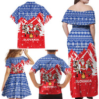 Slovakia Christmas Family Matching Off Shoulder Maxi Dress and Hawaiian Shirt with Santa and Dancers by Campfire Snowy Mountains and Red Blue Snowflake Pattern Design - Wonder Print Shop